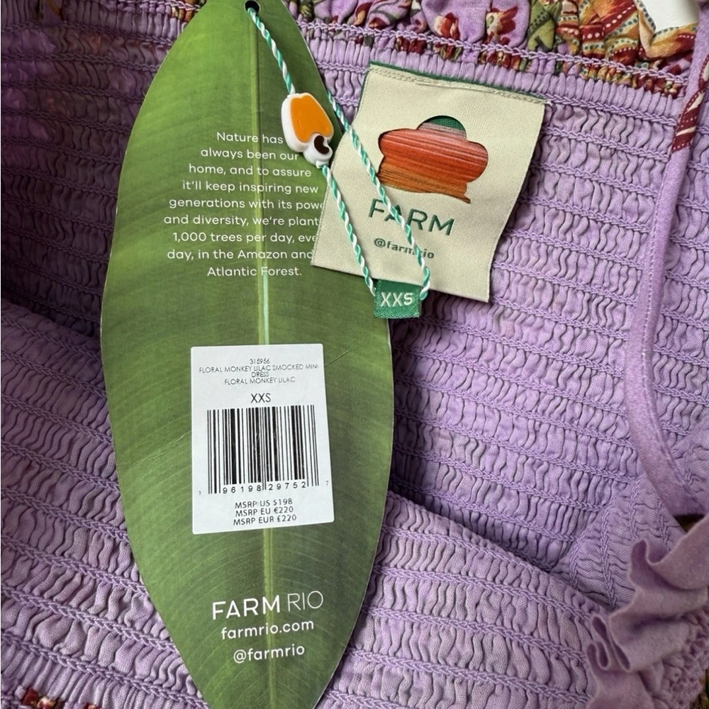FARM Rio Active Floral Smocked Mini Dress Sz XXS Floral Monkey Lilac - Picture 5 of 6